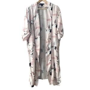 Forever 21 Longline Kimono Robe Coverup - Cranes - Pink White Black - Large